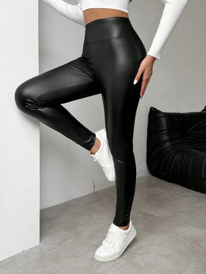 SHEIN LUNE Leggings femininas quentes de couro sintético com forro térmico, calças compridas básicas para outono/inverno