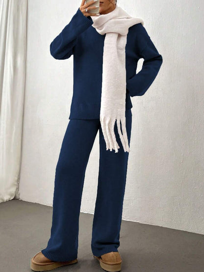 Flirla 2pcs Women Colorblock Rib-Trim Round Neck Long Sleeve Sweater And Pants Set Fall Winter Cloth For Women