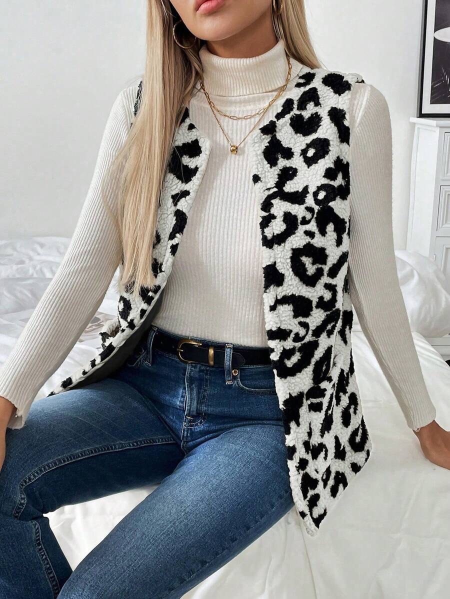 Chiquease Mulheres Leopardo Estampa Colete Jaqueta, Casual Resort Wear Outono/Inverno