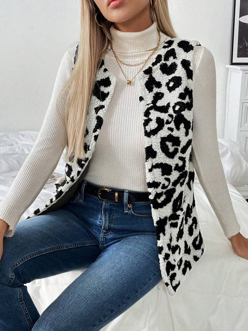 Chiquease Mulheres Leopardo Estampa Colete Jaqueta, Casual Resort Wear Outono/Inverno
