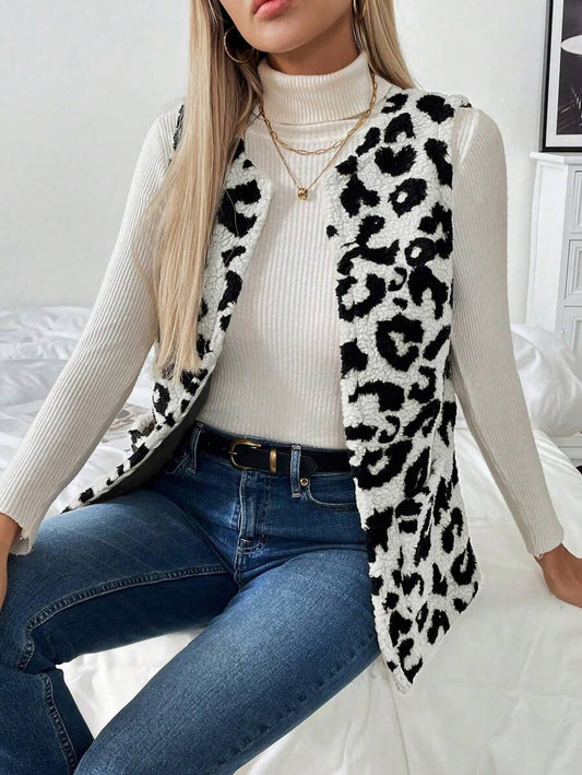 Chiquease Mulheres Leopardo Estampa Colete Jaqueta, Casual Resort Wear Outono/Inverno