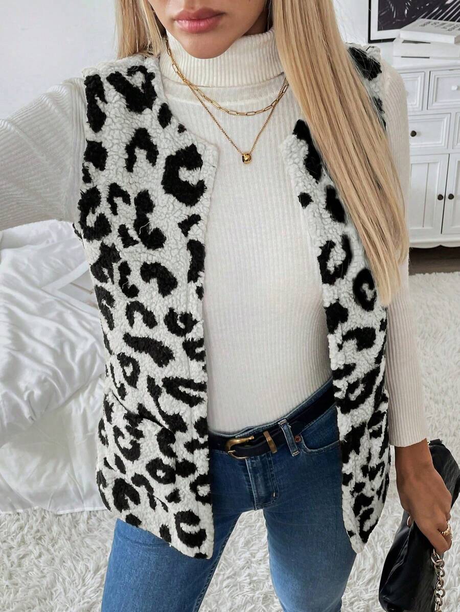 Chiquease Mulheres Leopardo Estampa Colete Jaqueta, Casual Resort Wear Outono/Inverno