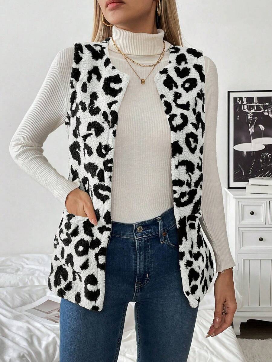 Chiquease Mulheres Leopardo Estampa Colete Jaqueta, Casual Resort Wear Outono/Inverno