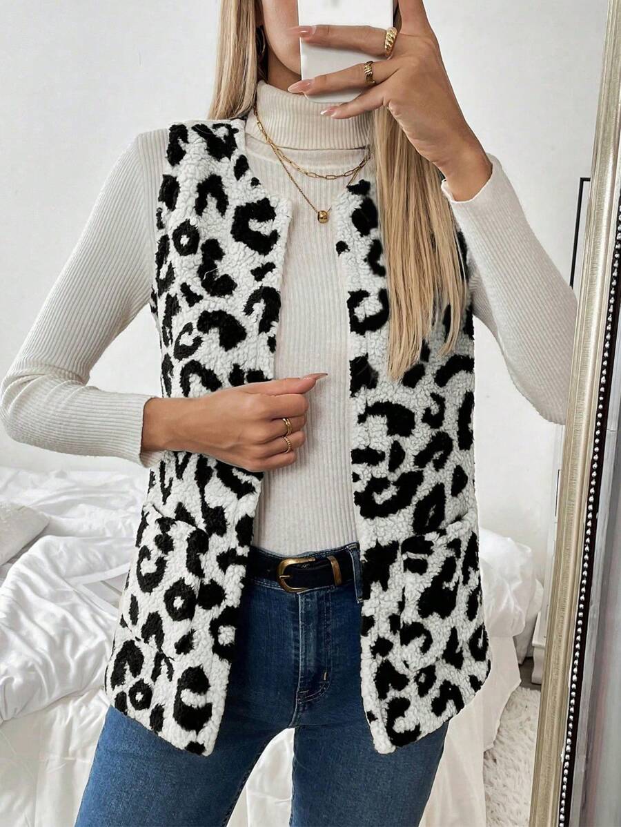 Chiquease Mulheres Leopardo Estampa Colete Jaqueta, Casual Resort Wear Outono/Inverno