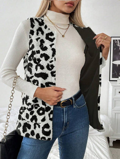 Chiquease Mulheres Leopardo Estampa Colete Jaqueta, Casual Resort Wear Outono/Inverno