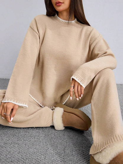 Flirla 2pcs Women Colorblock Rib-Trim Round Neck Long Sleeve Sweater And Pants Set Fall Winter Cloth For Women