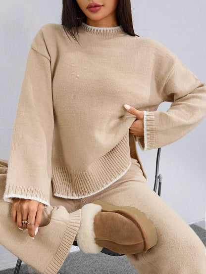 Flirla 2pcs Women Colorblock Rib-Trim Round Neck Long Sleeve Sweater And Pants Set Fall Winter Cloth For Women