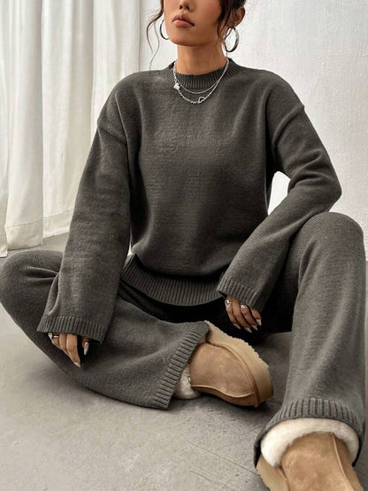 Flirla 2pcs Women Colorblock Rib-Trim Round Neck Long Sleeve Sweater And Pants Set Fall Winter Cloth For Women