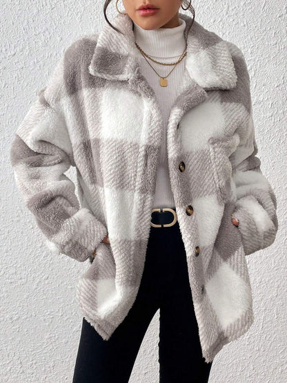 INAWLY Jaqueta feminina casual xadrez felpuda com botões frontais para uso diário no outono/inverno