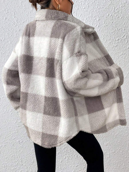 INAWLY Jaqueta feminina casual xadrez felpuda com botões frontais para uso diário no outono/inverno