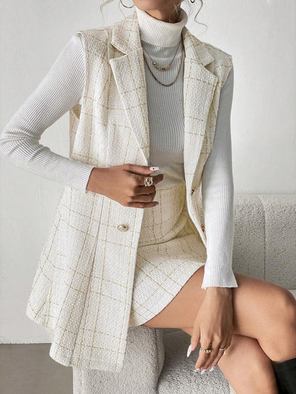 SHEIN Clasi Conjunto feminino de 2 peças: colete de tecido tweed + minissaia evasê, roupa elegante para deslocamento diário