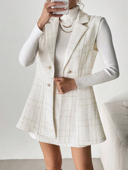 SHEIN Clasi Conjunto feminino de 2 peças: colete de tecido tweed + minissaia evasê, roupa elegante para deslocamento diário