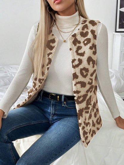 Chiquease Mulheres Leopardo Estampa Colete Jaqueta, Casual Resort Wear Outono/Inverno