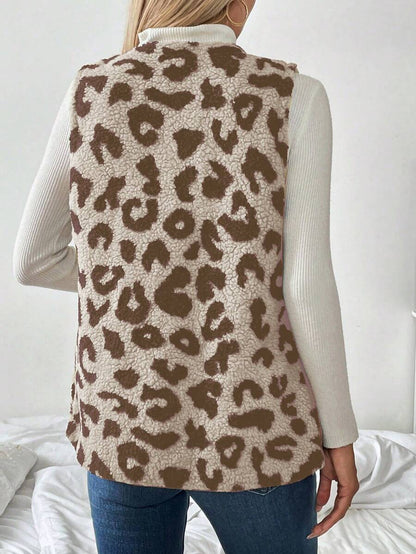 Chiquease Mulheres Leopardo Estampa Colete Jaqueta, Casual Resort Wear Outono/Inverno