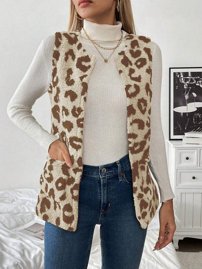 Chiquease Mulheres Leopardo Estampa Colete Jaqueta, Casual Resort Wear Outono/Inverno