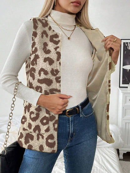 Chiquease Mulheres Leopardo Estampa Colete Jaqueta, Casual Resort Wear Outono/Inverno