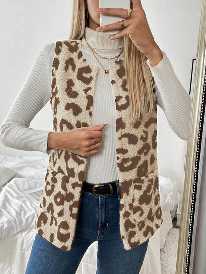 Chiquease Mulheres Leopardo Estampa Colete Jaqueta, Casual Resort Wear Outono/Inverno