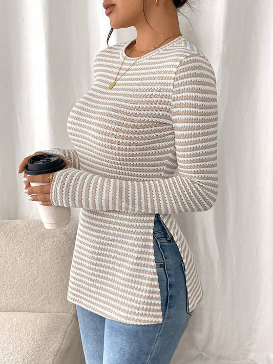 SHEIN Frenchy Women Casual Striped Long Sleeve T-Shirt With Slit Hem,Tight Turtleneck, Textured Fabric ,Commute,Minimalist,Office,Old Money,Simple,Autumn/Winter,