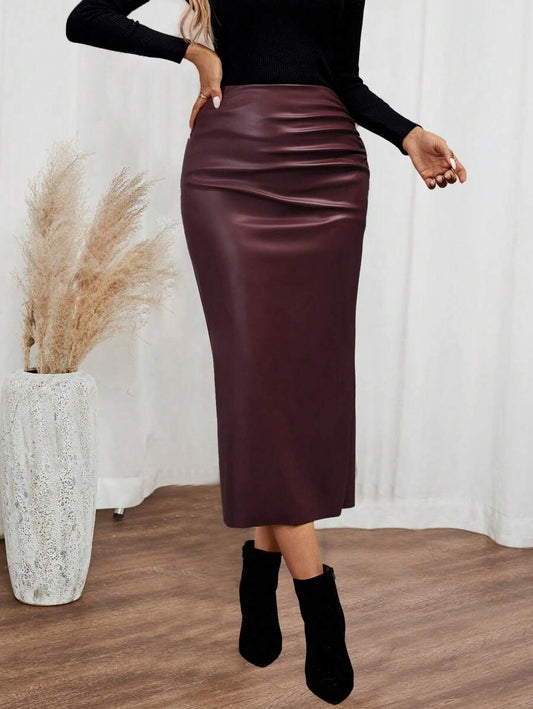 EMERY ROSE Saia longa de Pu com babados de cor sólida feminina, moda