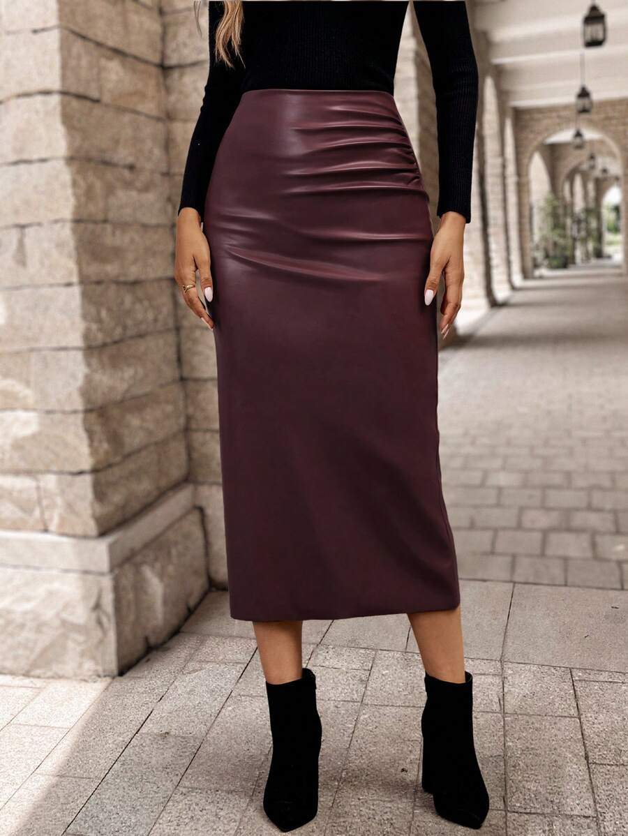 EMERY ROSE Saia longa de Pu com babados de cor sólida feminina, moda