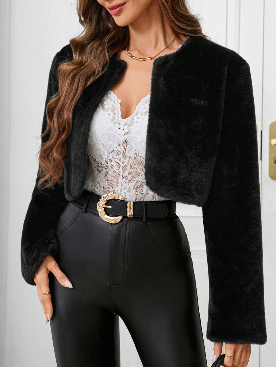 SHEIN Clasi Casaco feminino de cor sólida, manga comprida, frente aberta, curto e fofo, inverno