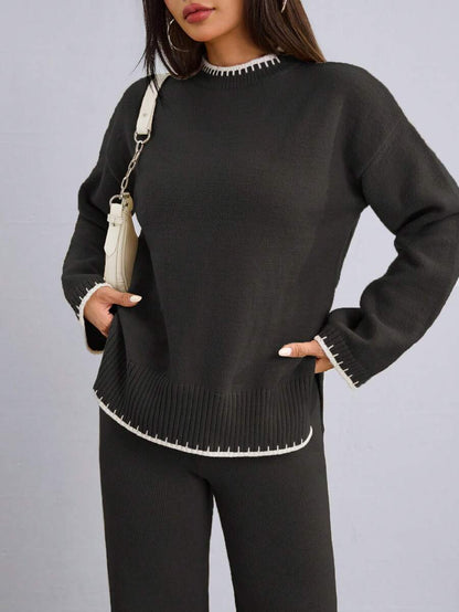 Flirla 2pcs Women Colorblock Rib-Trim Round Neck Long Sleeve Sweater And Pants Set Fall Winter Cloth For Women