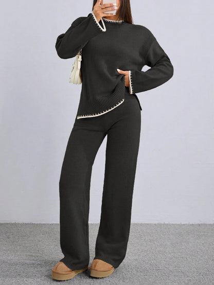 Flirla 2pcs Women Colorblock Rib-Trim Round Neck Long Sleeve Sweater And Pants Set Fall Winter Cloth For Women
