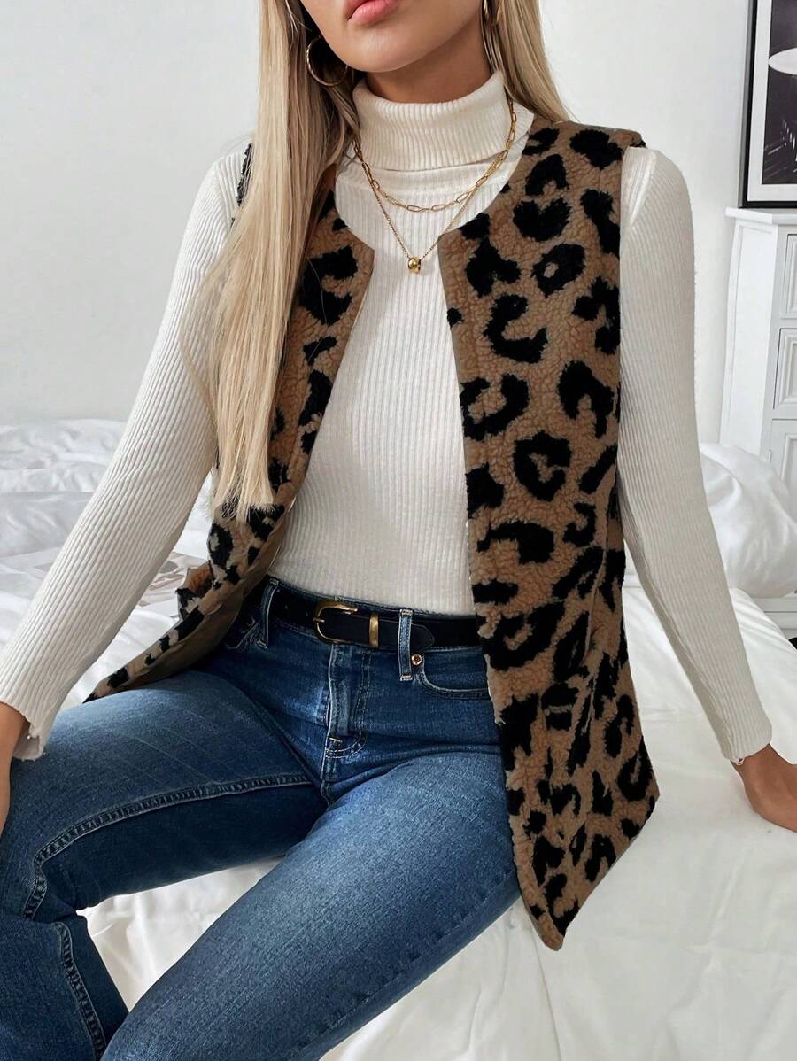 Chiquease Mulheres Leopardo Estampa Colete Jaqueta, Casual Resort Wear Outono/Inverno