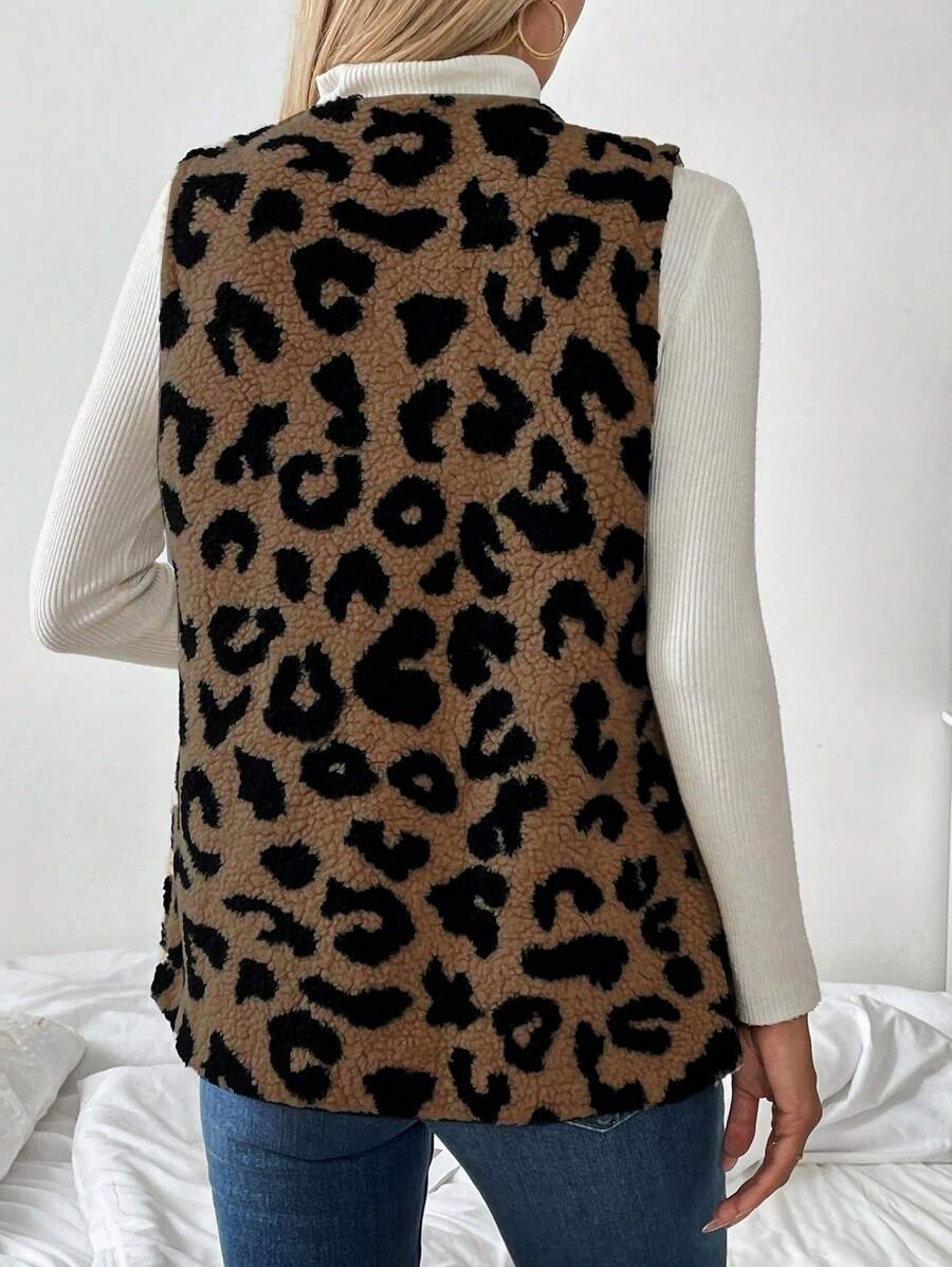 Chiquease Mulheres Leopardo Estampa Colete Jaqueta, Casual Resort Wear Outono/Inverno