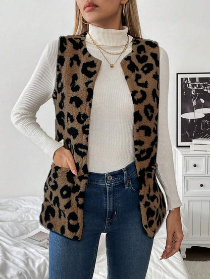 Chiquease Mulheres Leopardo Estampa Colete Jaqueta, Casual Resort Wear Outono/Inverno