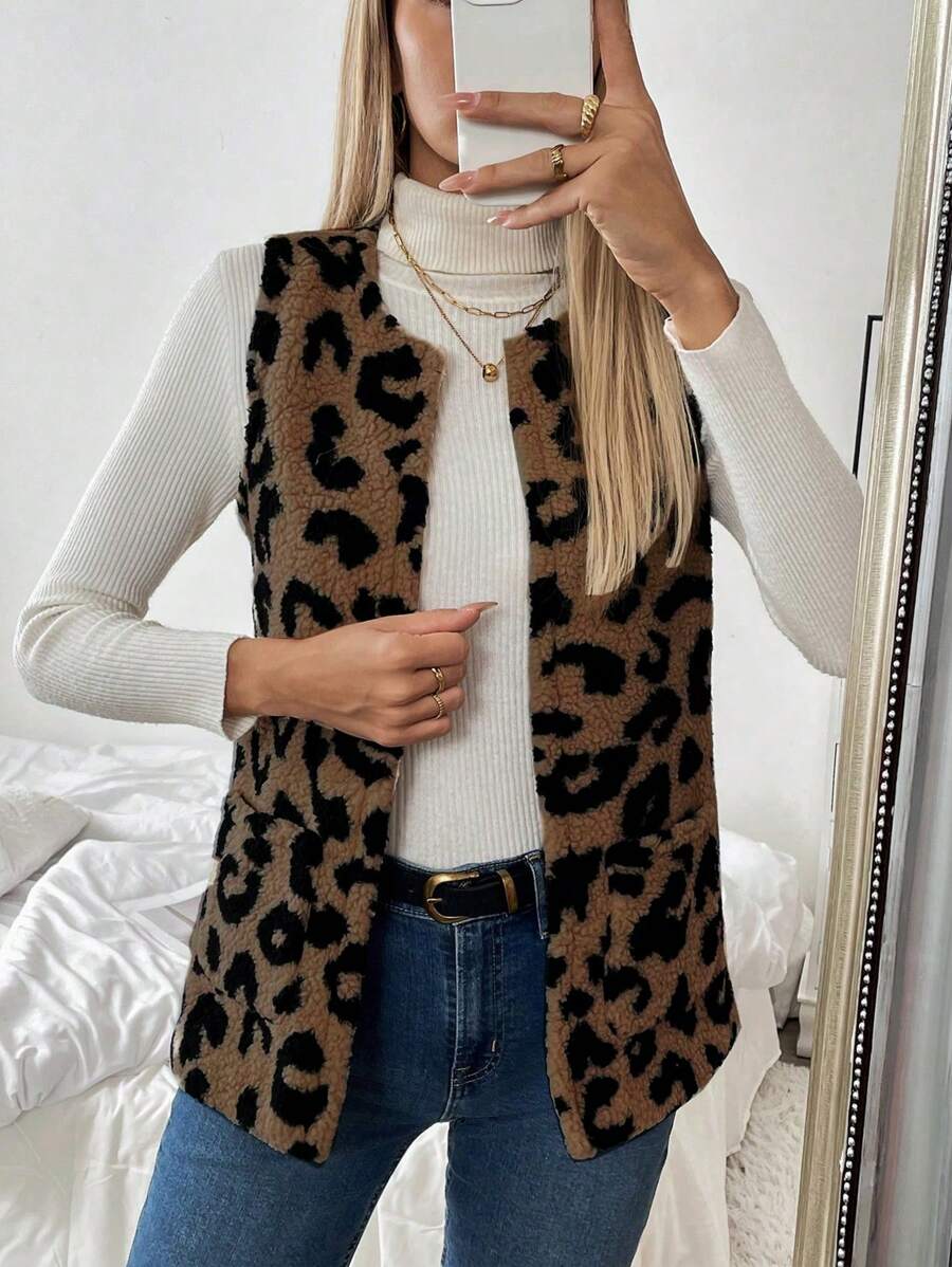 Chiquease Mulheres Leopardo Estampa Colete Jaqueta, Casual Resort Wear Outono/Inverno