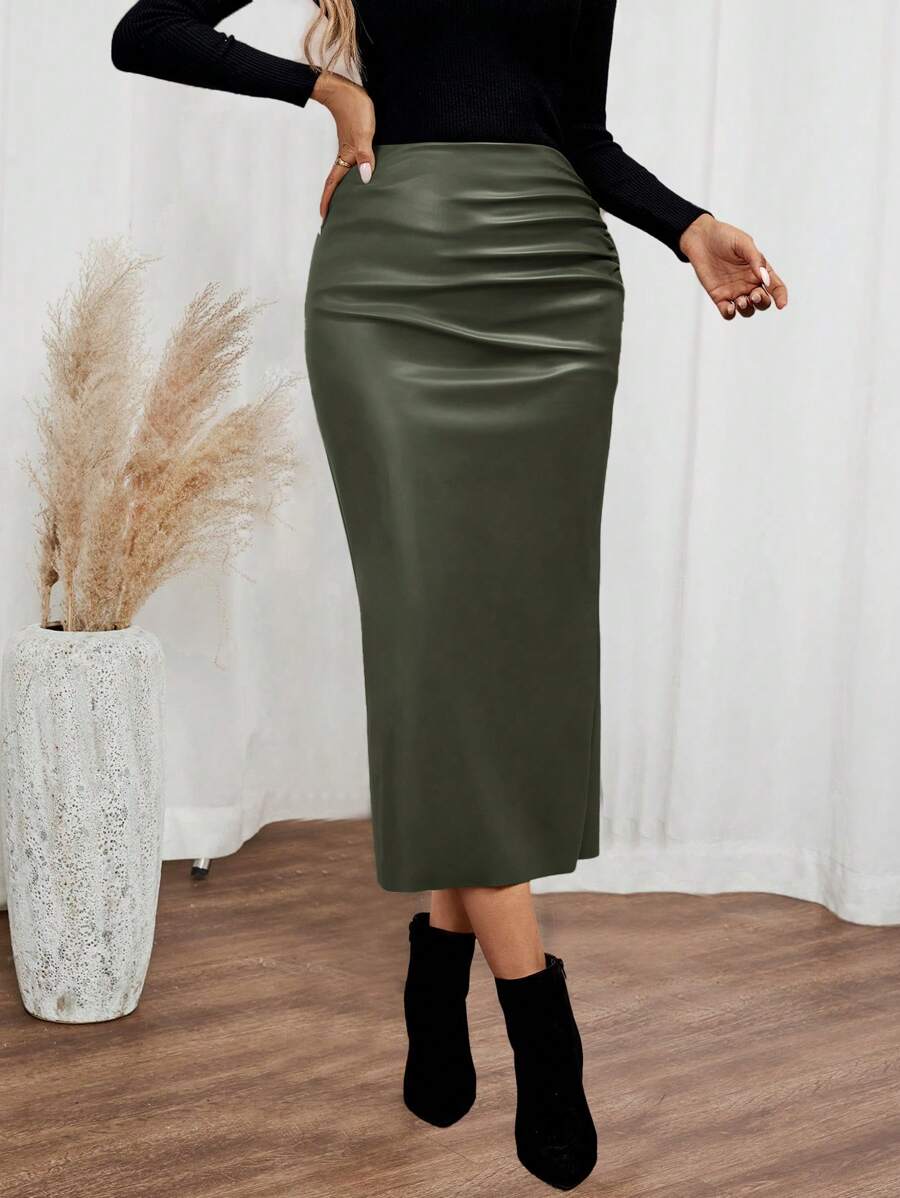 EMERY ROSE Saia longa de Pu com babados de cor sólida feminina, moda