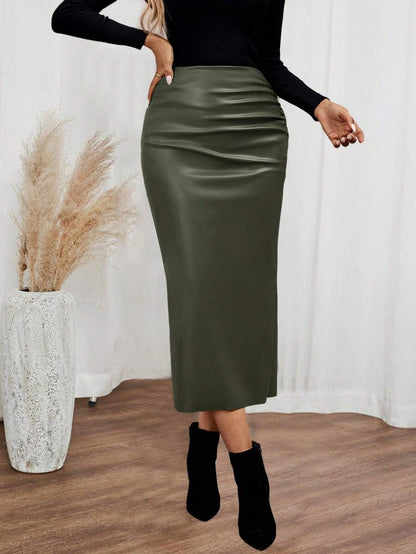 EMERY ROSE Saia longa de Pu com babados de cor sólida feminina, moda
