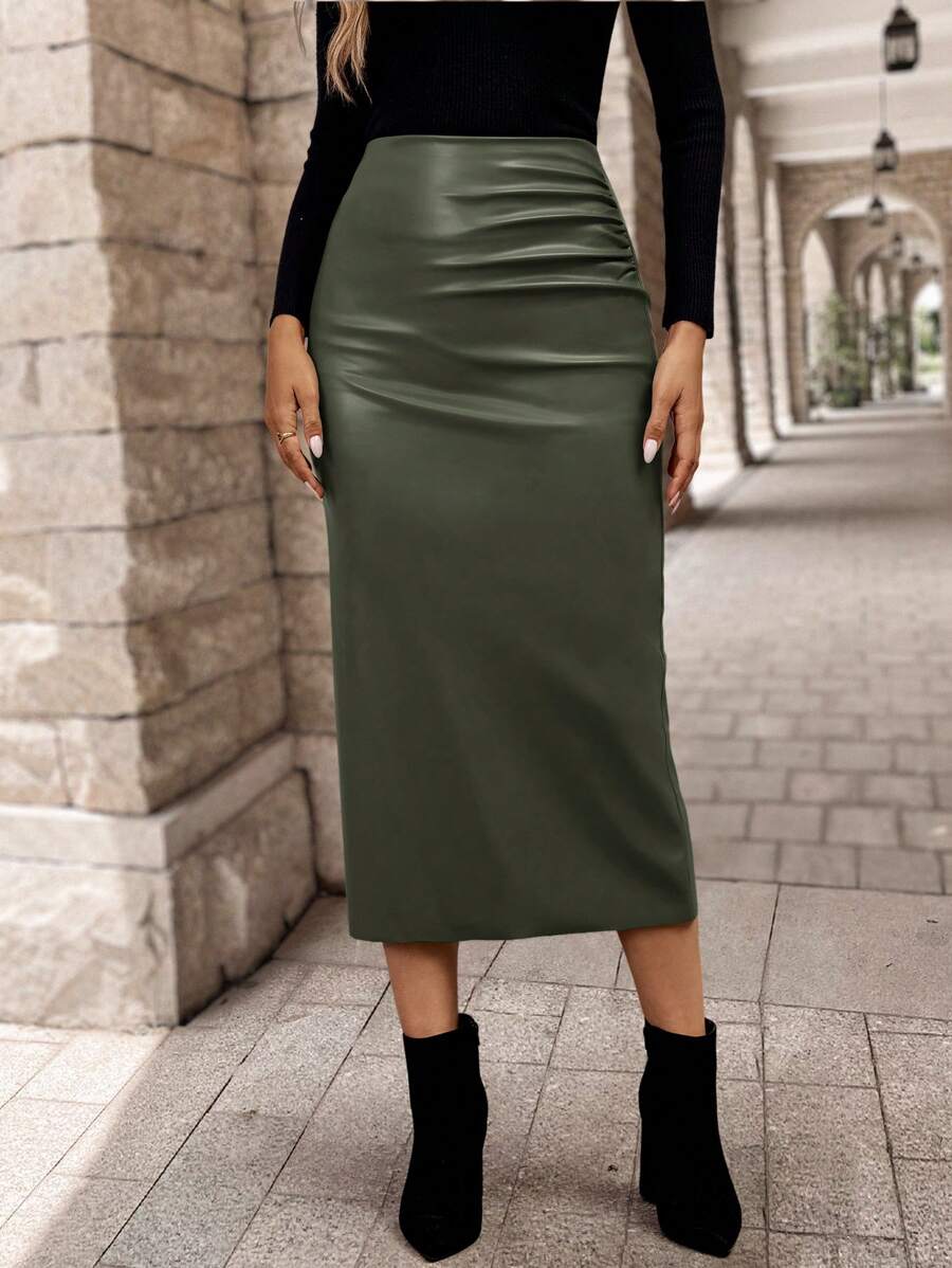 EMERY ROSE Saia longa de Pu com babados de cor sólida feminina, moda