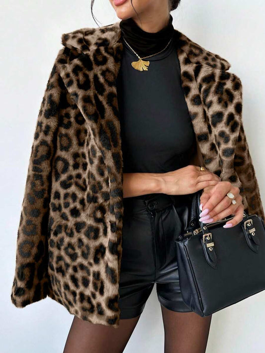 Firerie Casaco feminino vintage estilo "esposa da máfia" com estampa de leopardo e pele sintética, outono/inverno