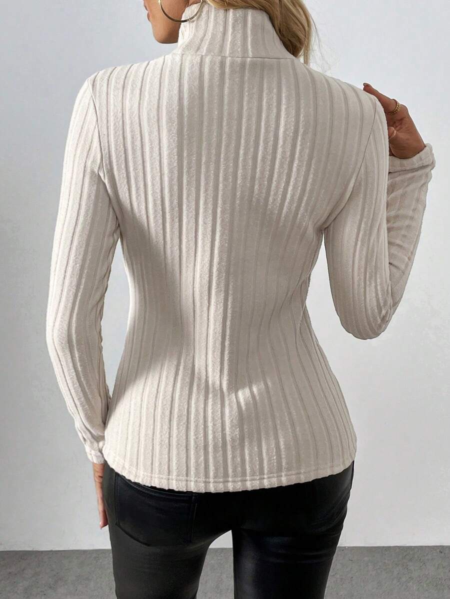 Calvaya Blusa de malha canelada com forro térmico e gola alta, manga comprida, outono