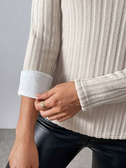 Calvaya Blusa de malha canelada com forro térmico e gola alta, manga comprida, outono