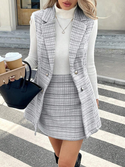 Serisse Conjunto feminino de 2 peças, colete trespassado com gola xadrez e saia em linha A, elegante, outono/inverno