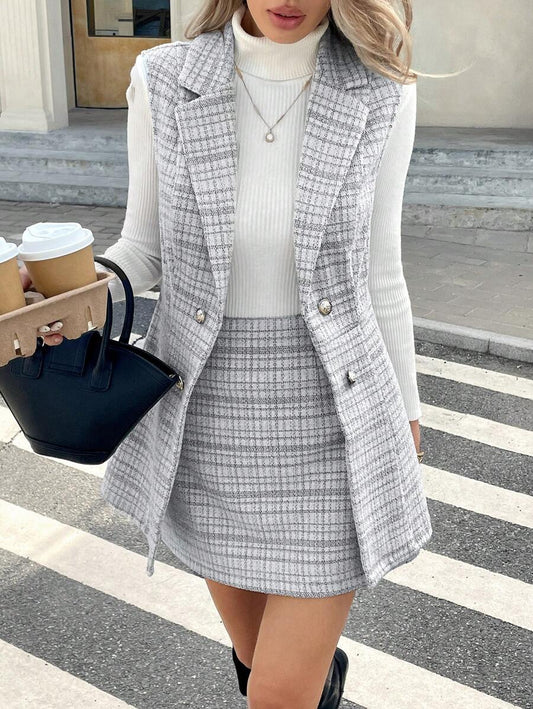 Serisse Conjunto feminino de 2 peças, colete trespassado com gola xadrez e saia em linha A, elegante, outono/inverno