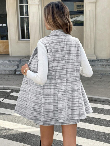 Serisse Conjunto feminino de 2 peças, colete trespassado com gola xadrez e saia em linha A, elegante, outono/inverno