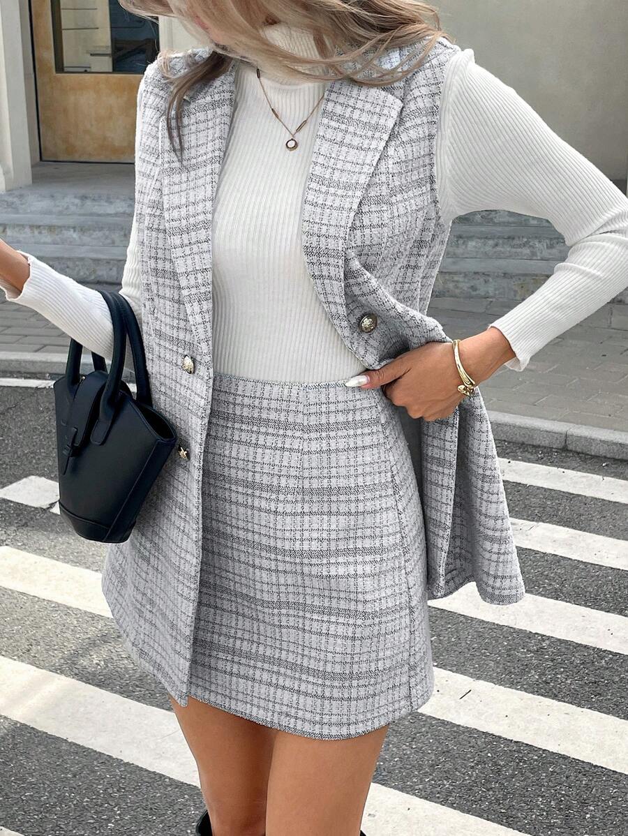 Serisse Conjunto feminino de 2 peças, colete trespassado com gola xadrez e saia em linha A, elegante, outono/inverno