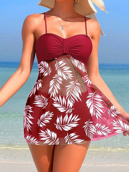 Swim Lushoire Summer Beach Tropical Print Ruched Dress Swimsuit