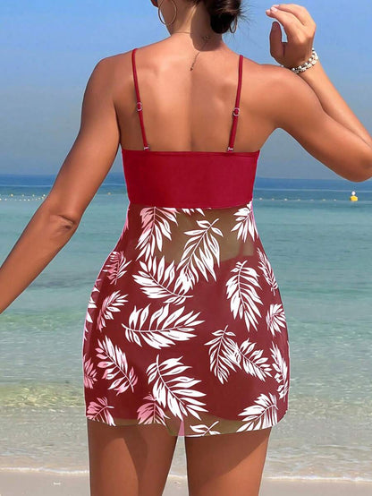 Swim Lushoire Summer Beach Tropical Print Ruched Dress Swimsuit