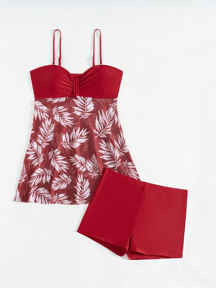 Swim Lushoire Summer Beach Tropical Print Ruched Dress Swimsuit
