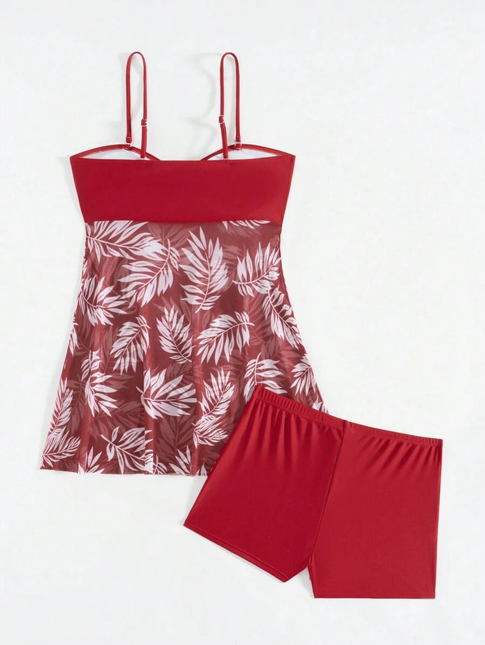 Swim Lushoire Summer Beach Tropical Print Ruched Dress Swimsuit