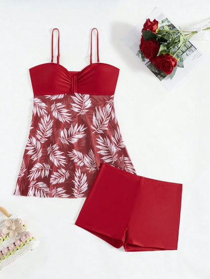 Swim Lushoire Summer Beach Tropical Print Ruched Dress Swimsuit