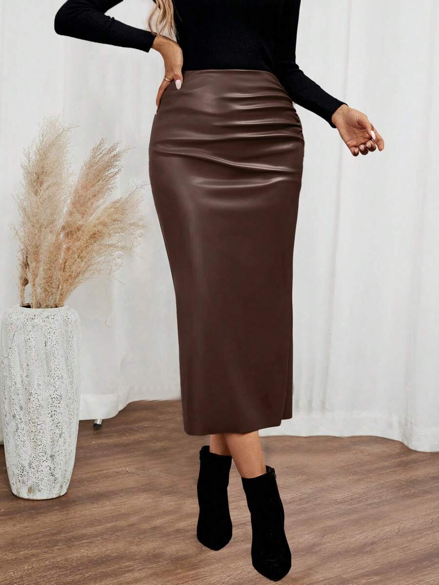 EMERY ROSE Saia longa de Pu com babados de cor sólida feminina, moda