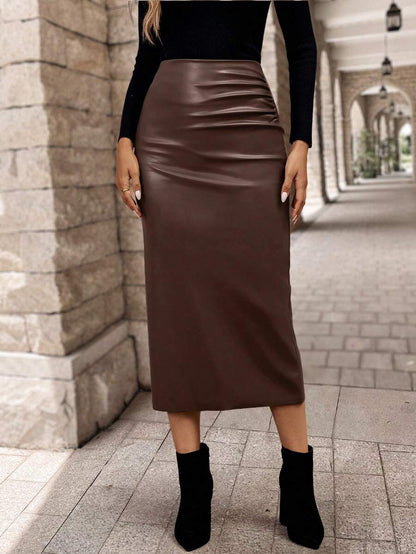 EMERY ROSE Saia longa de Pu com babados de cor sólida feminina, moda
