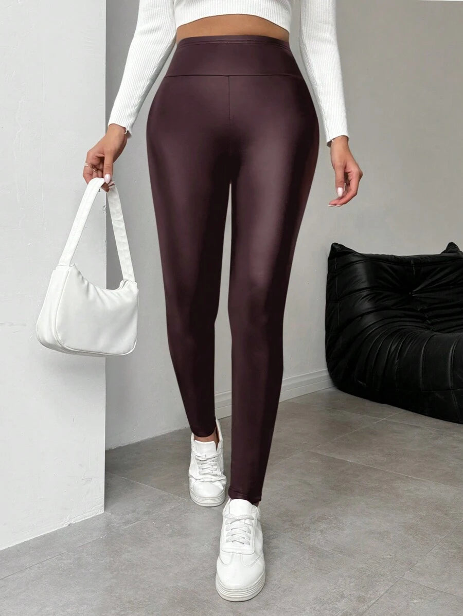 SHEIN LUNE Leggings femininas quentes de couro sintético com forro térmico, calças compridas básicas para outono/inverno