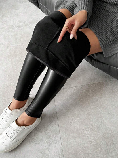 SHEIN LUNE Leggings femininas quentes de couro sintético com forro térmico, calças compridas básicas para outono/inverno
